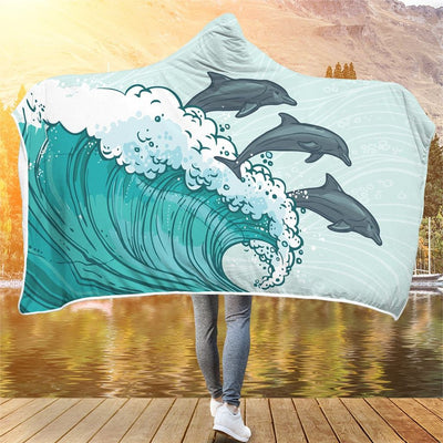 Dolphins In The Wave - Hooded Blanket - the ocean vibe Ocean Apparel