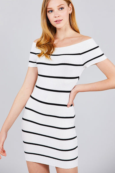 Short Sleeve Off The Shoulder Striped Mini Sweater Dress