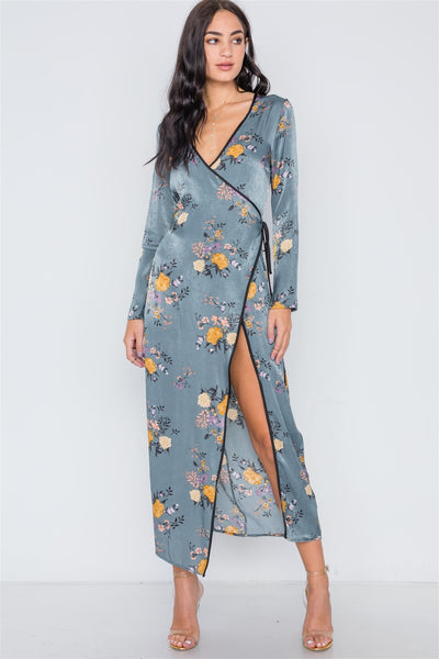 Storm Blue Side Slit Floral Maxi Dress