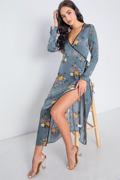 Storm Blue Side Slit Floral Maxi Dress
